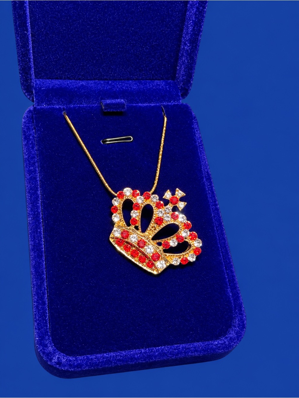 Gold Crown Pendant Necklace with Red and Clear Crystals